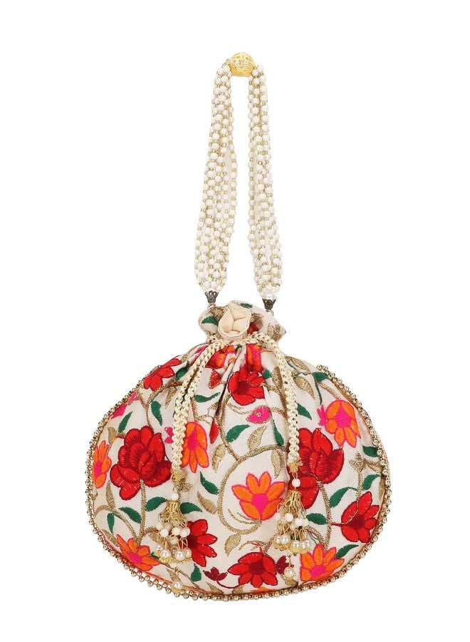 Anekaant Cream & Multi Floral Embroidered Faux Silk Potli - Image 2